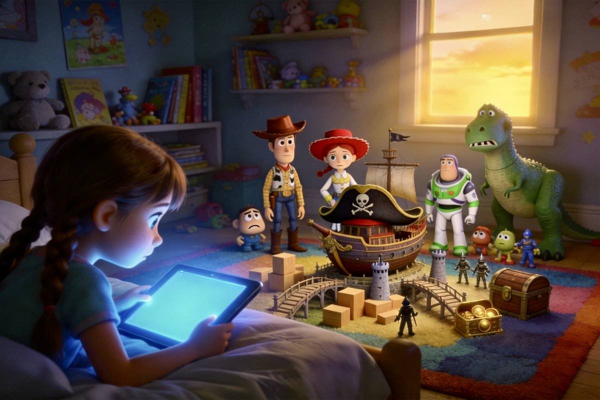 Juguetes inspirados en Toy Story preparan una aventura para devolver la imaginación a una niña frente a una tableta.
