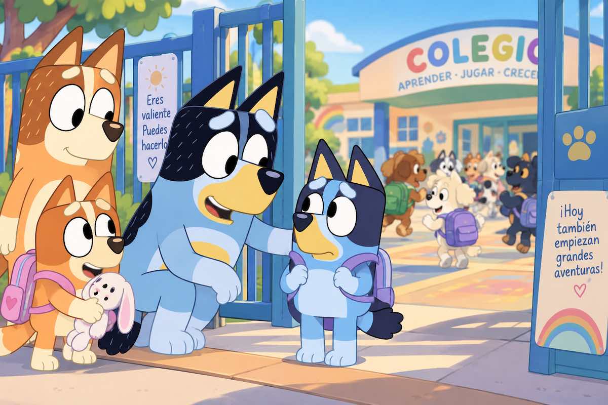 Bluey preparada para su primer día de colegio con su mochila