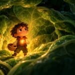 Ilustración de Garbancito diminuto dentro de una hoja de col verde con su cesta de nuez y una luz dorada en el pecho.