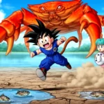 Goku y Bulma frente a un cangrejo gigante junto a un lago vacío