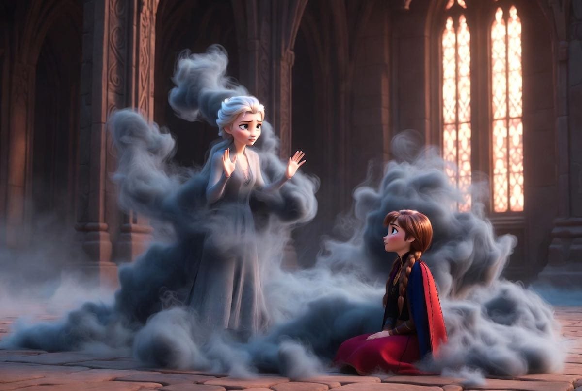 cuento de Frozen. Elsa aprende a nombrar su ansiedad representada por una misteriosa niebla gris.