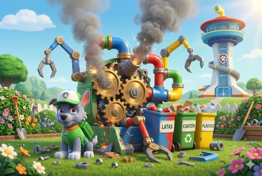 Rocky de la Patrulla Canina mirando triste su máquina de reciclaje rota que echa humo en el jardín de la Torre de Control