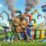 Rocky de la Patrulla Canina mirando triste su máquina de reciclaje rota que echa humo en el jardín de la Torre de Control