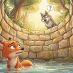 Ilustración 3D estilo animación de una zorra atrapada en el fondo de un pozo oscuro pidiendo ayuda con urgencia, mientras un lobo se asoma por el borde superior con expresión pasiva sin ayudarla.