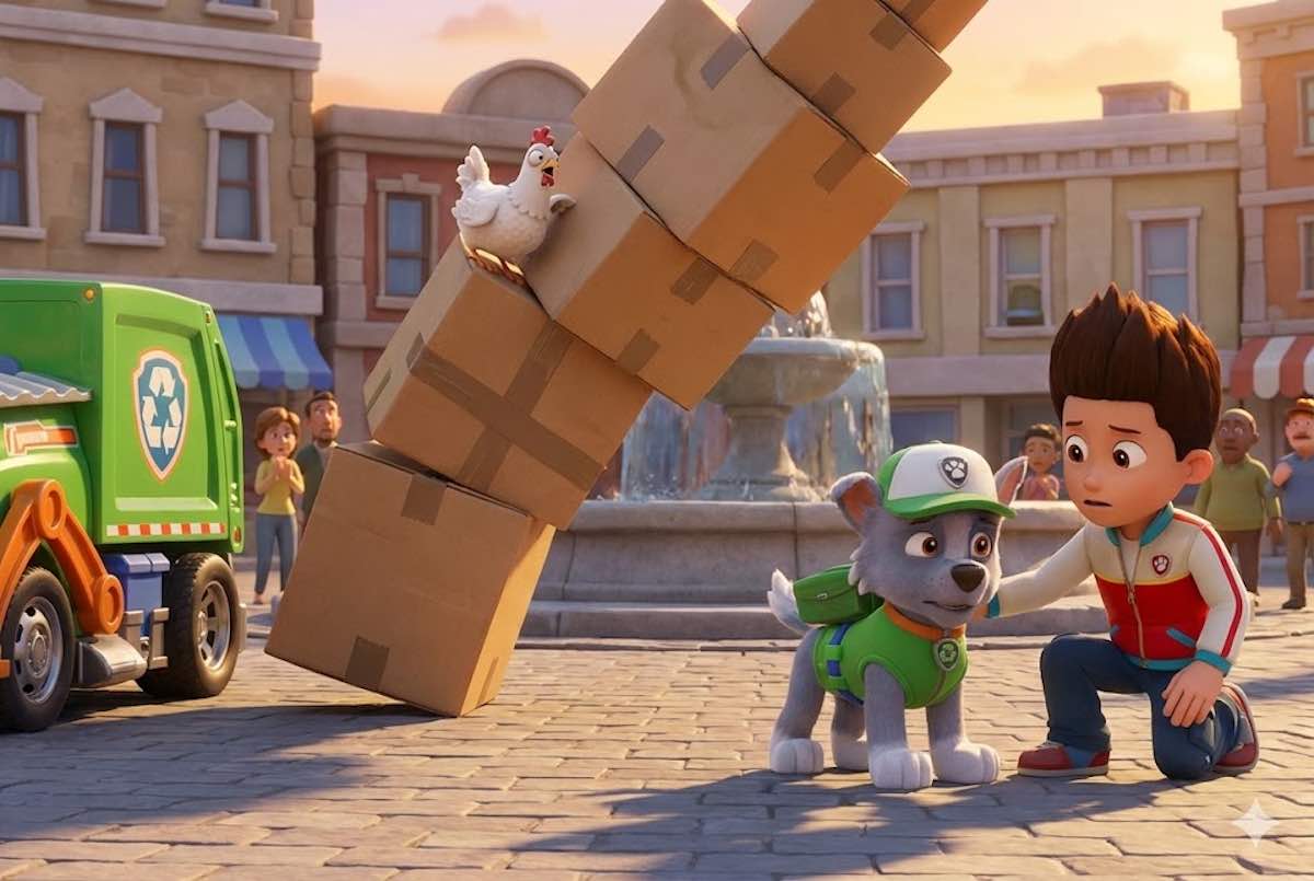 Ryder consolando a Rocky de la Patrulla Canina frente a una montaña de cajas de cartón