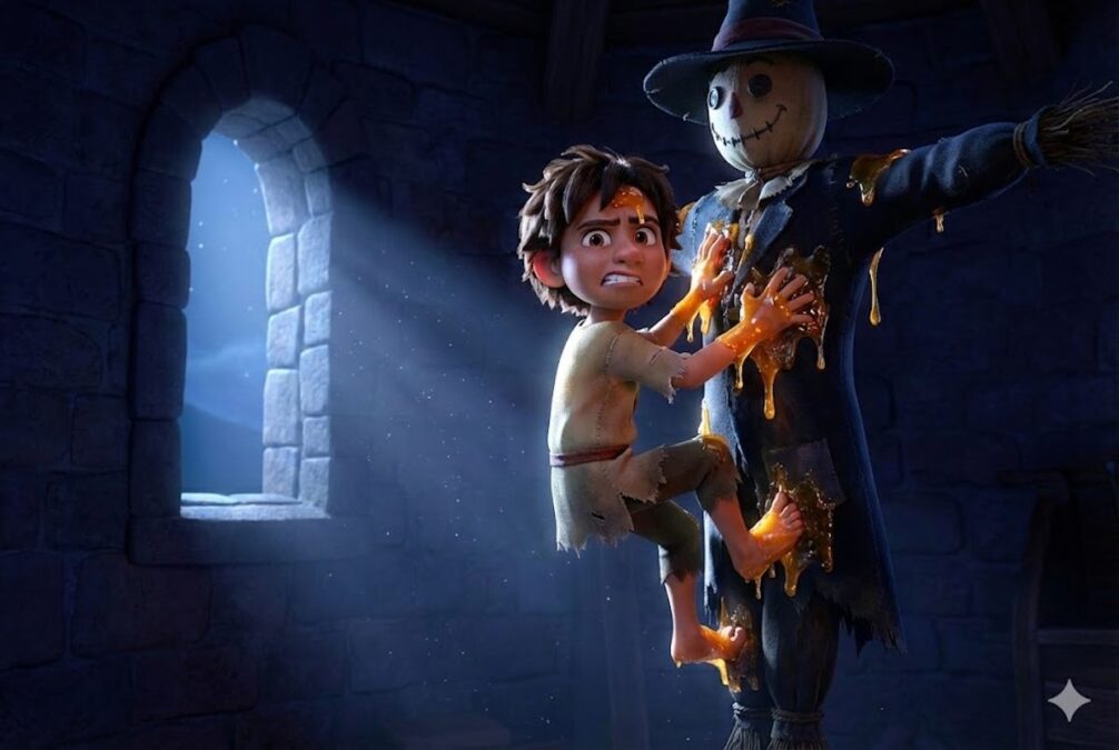 Pedro el Temerario atrapado por el espantapájaros pegajoso en el campanario de Villaverde.