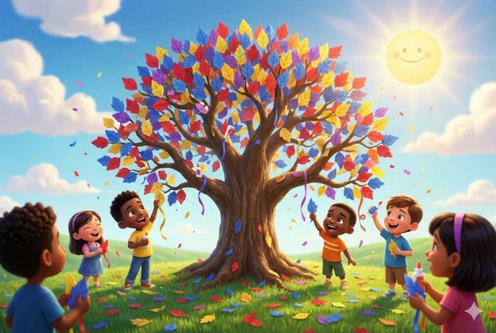Niños decorando un árbol seco con hojas de papel de colores en un campo soleado.