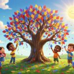 Niños decorando un árbol seco con hojas de papel de colores en un campo soleado.