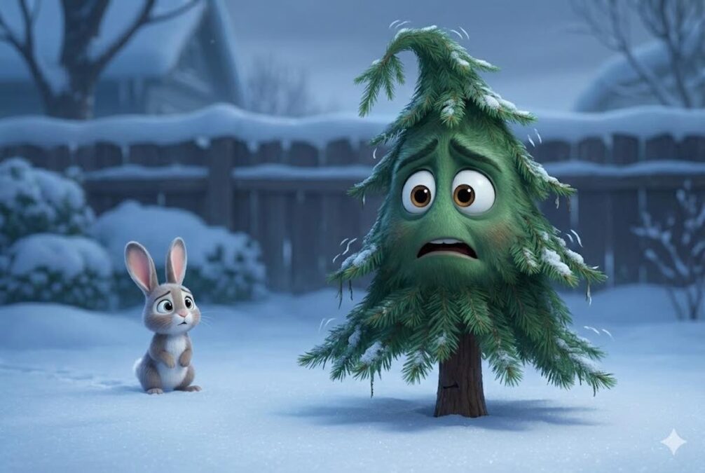 Un pequeño abeto temblando de miedo en la nieve pensando que lo cortarán. Escena del inicio del cuento El Arbolito de Navidad.
