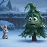 Un pequeño abeto temblando de miedo en la nieve pensando que lo cortarán. Escena del inicio del cuento El Arbolito de Navidad.