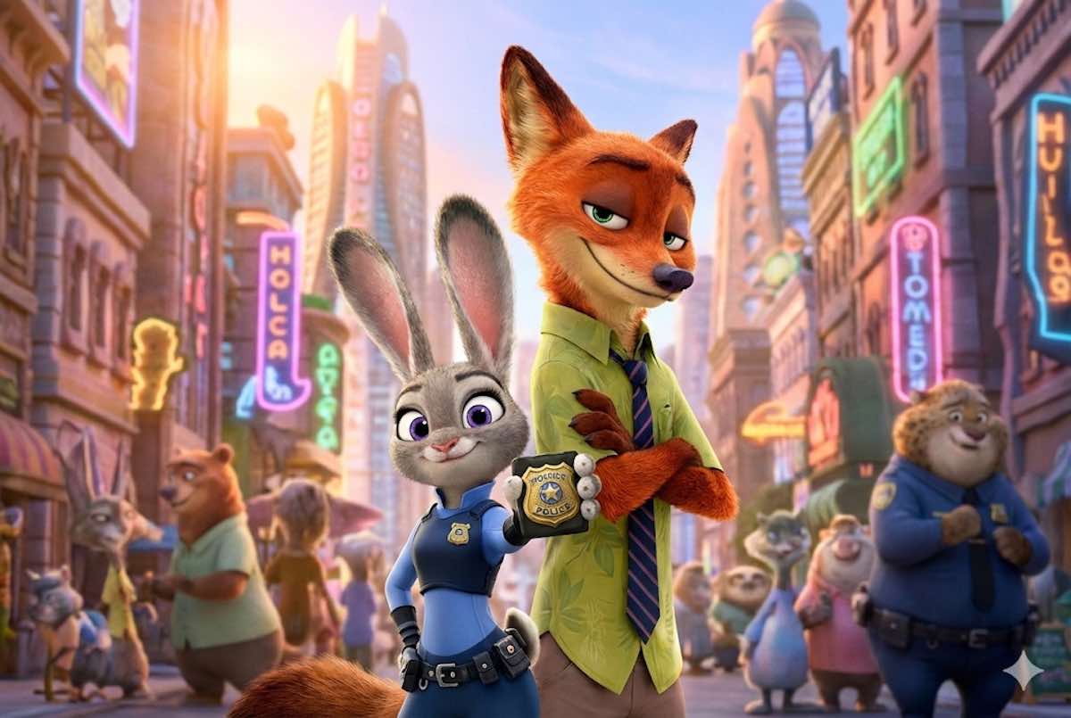 La coneja policía Judy Hopps mostrando su placa junto al zorro Nick Wilde en una calle iluminada de Zootrópolis (Zootopia)