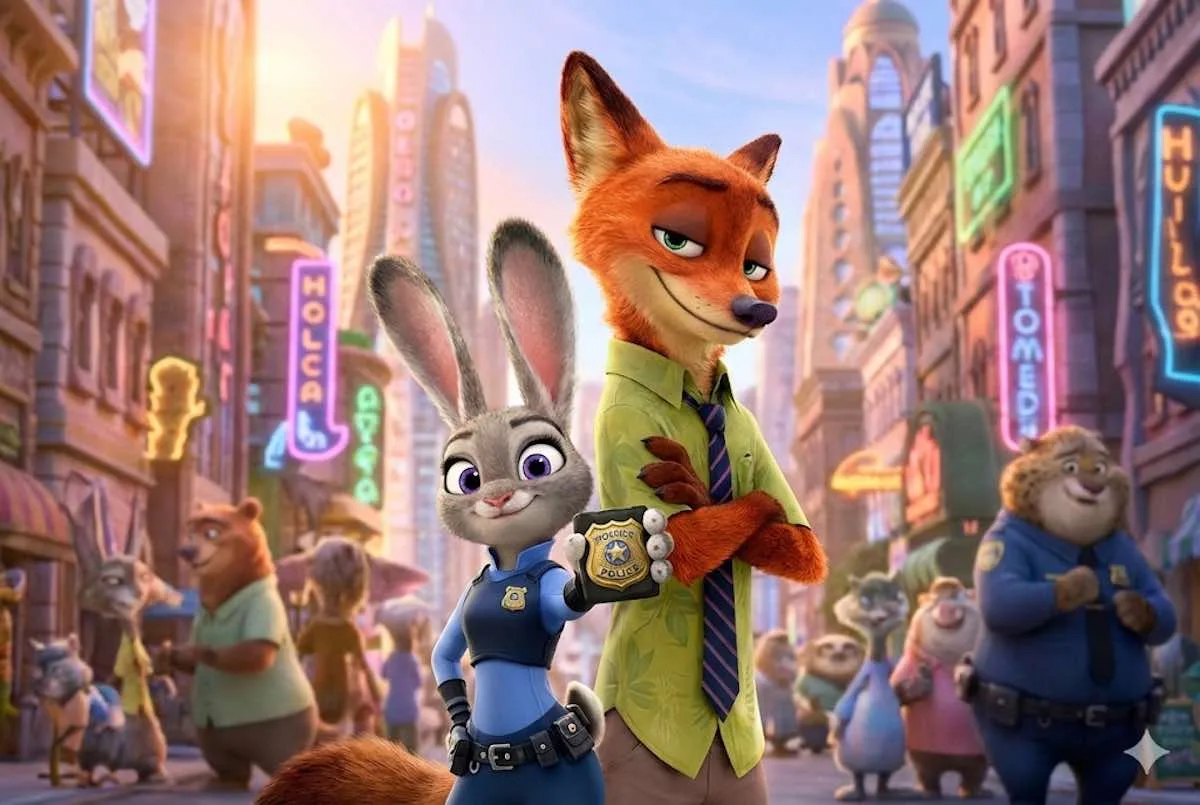 La coneja policía Judy Hopps mostrando su placa junto al zorro Nick Wilde en una calle iluminada de Zootrópolis (Zootopia)