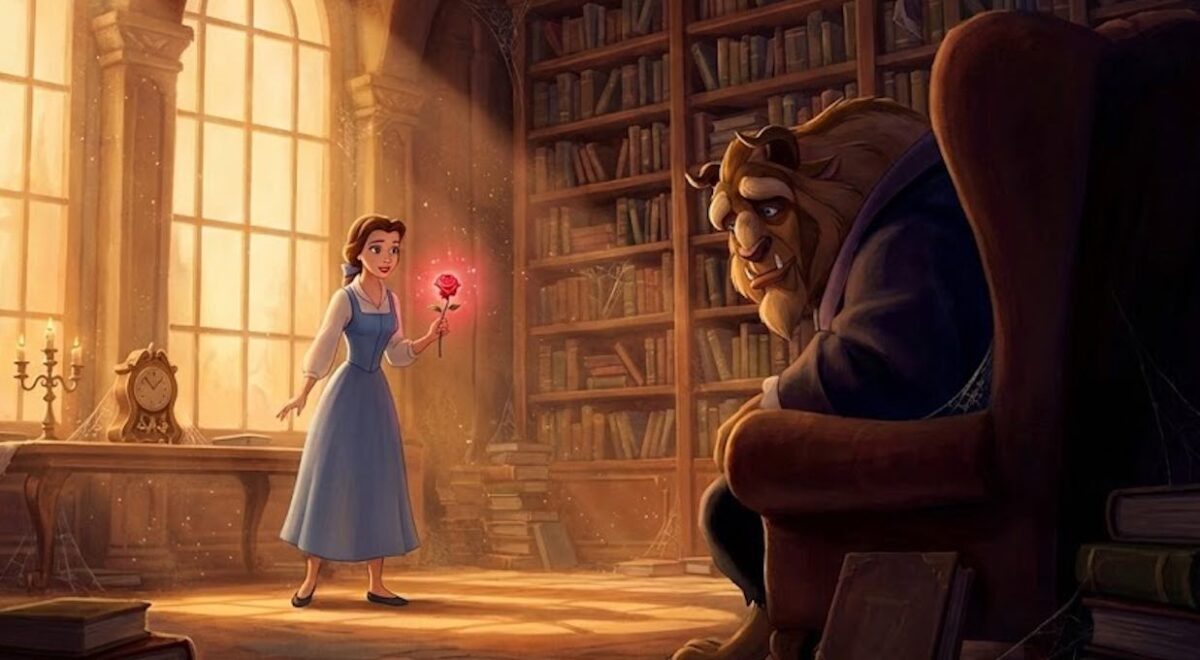 Ilustración de Bella sosteniendo una rosa roja frente a la Bestia en el castillo encantado