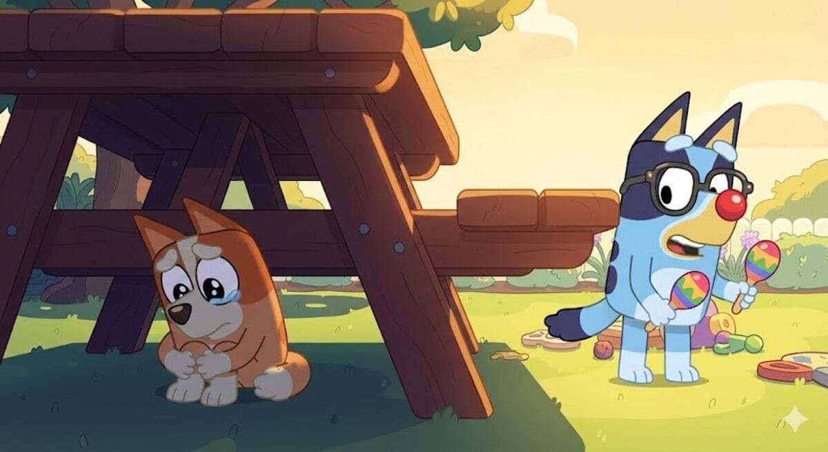 bingo esta triste mientras bluey trata de animar