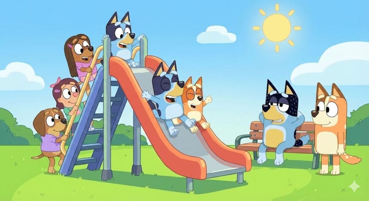 Bluey y Bingo deslizándose felices por el tobogán del parque con sus amigos mientras sus padres observan.