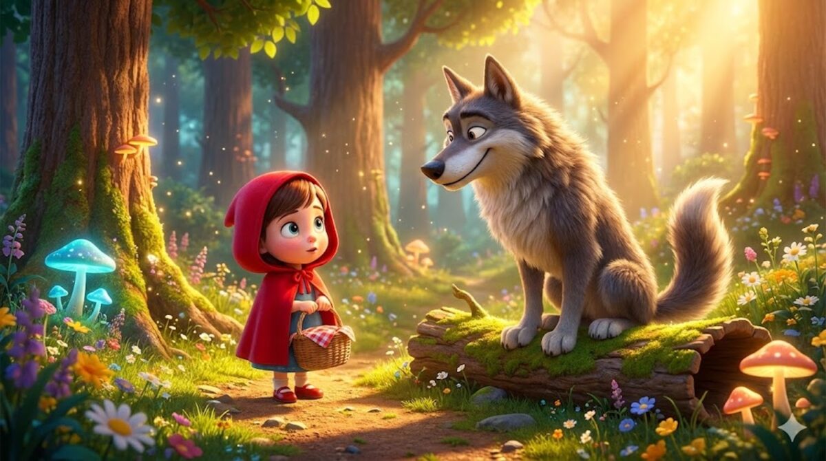 Ilustración 3D estilo Pixar de una tierna Caperucita Roja mirando a un lobo amable en un bosque mágico y soleado, portada para el audiocuento infantil.