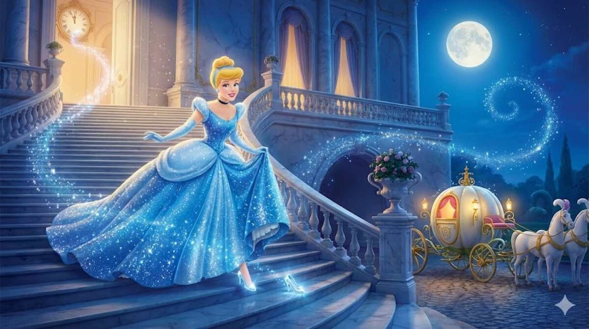 Ilustración 3D estilo Disney de Cenicienta con un vestido azul brillante corriendo por las escaleras del palacio a medianoche, dejando atrás su zapato de cristal brillante. Al fondo espera la carroza de calabaza bajo la luna llena.
