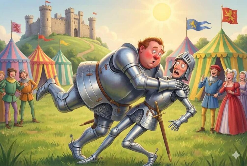 Ilustración 3D estilo Pixar del Conde Botijo con armadura cayendo sobre un caballero delgado en un torneo medieval.