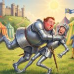 Ilustración 3D estilo Pixar del Conde Botijo con armadura cayendo sobre un caballero delgado en un torneo medieval.