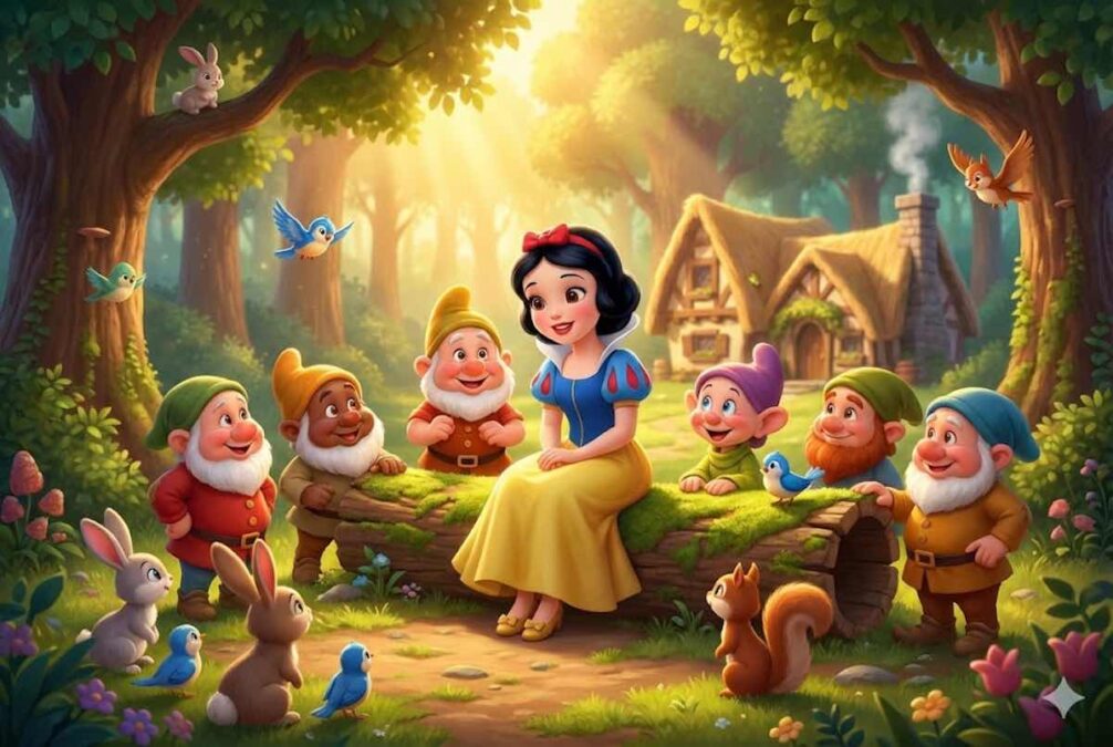 Ilustración 3D de Blancanieves con los siete enanitos en el bosque para Audiocuentos.net