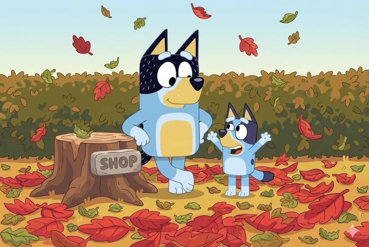 Bluey crea un mercado de hojas en el jardin