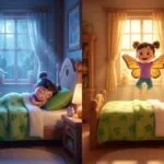 Ilustración dividida noche y día: niña durmiendo pequeña como hormiga y despertando feliz como mariposa.