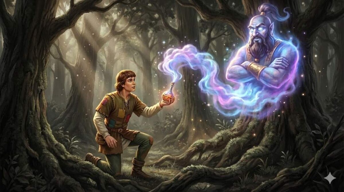 Ilustración de un joven liberando a un genio mágico de una botella en el bosque.