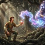 Ilustración de un joven liberando a un genio mágico de una botella en el bosque.