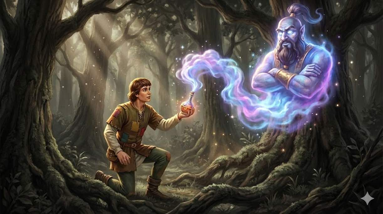 Ilustración de un joven liberando a un genio mágico de una botella en el bosque.