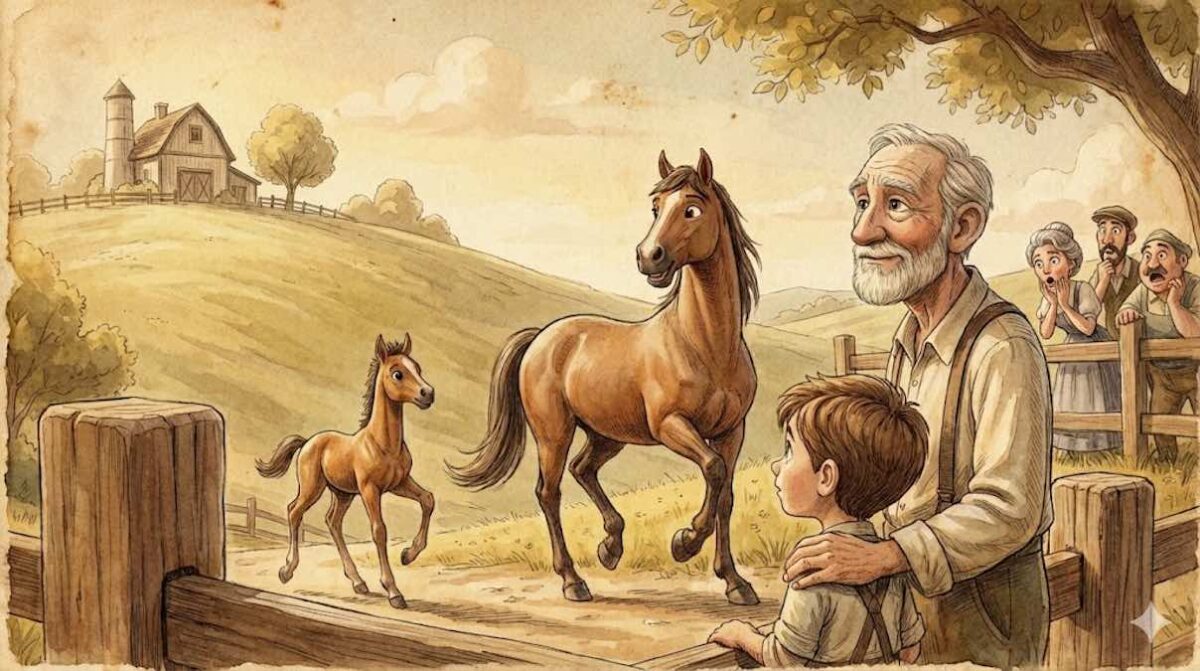 Un viejo granjero y su hijo observan tranquilos cómo su yegua regresa del bosque acompañada de un hermoso potrillo salvaje, ante la mirada de los vecinos.