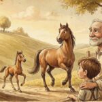 Un viejo granjero y su hijo observan tranquilos cómo su yegua regresa del bosque acompañada de un hermoso potrillo salvaje, ante la mirada de los vecinos.