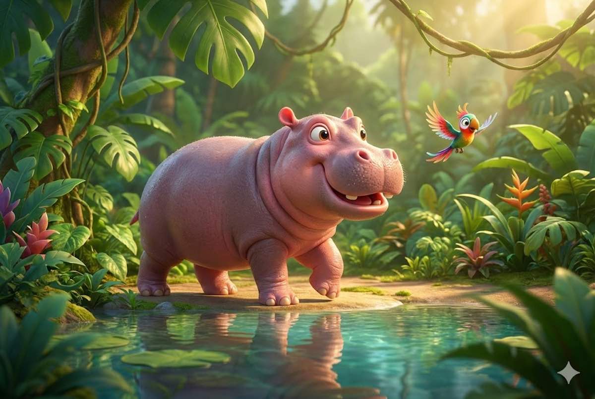 Joven hipopótamo rosa sonriente caminando por la orilla de un estanque en la selva junto a un pájaro colorido, estilo animación 3D