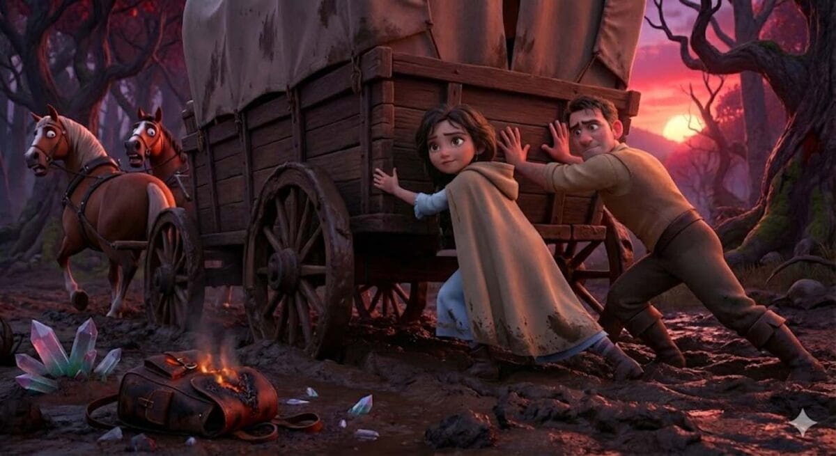 lustración 3D de una bruja buena infantil y un hombre empujando con esfuerzo una carreta de madera atascada en el barro de un bosque mágico al atardecer.