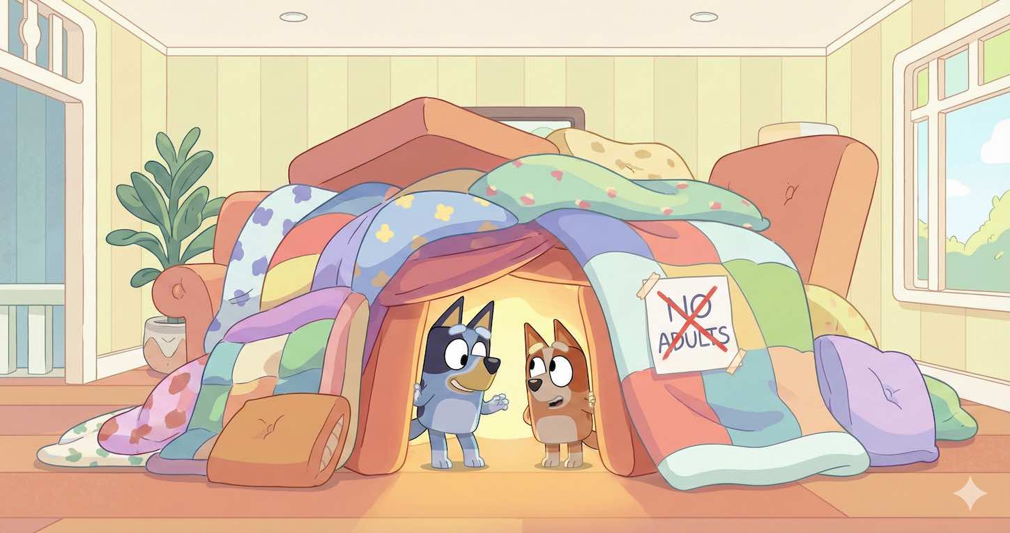 Ilustración vectorial estilo Bluey de dos cachorros construyendo un fuerte con mantas y cojines en un salón. Un cartel infantil dice 'NO ADULTS'. Representación de juego simbólico y privacidad infantil.