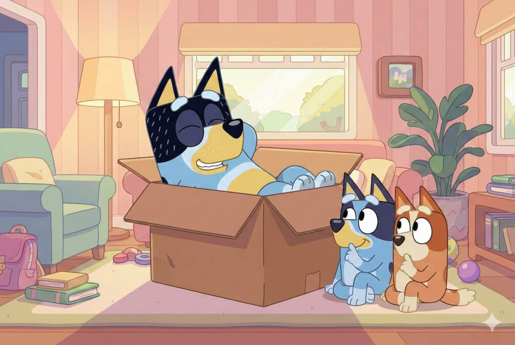 Ilustración vectorial estilo Bluey. Un perro padre descansando feliz dentro de una gran caja de cartón vacía mientras sus dos hijas vigilan en silencio cuidando su sueño.