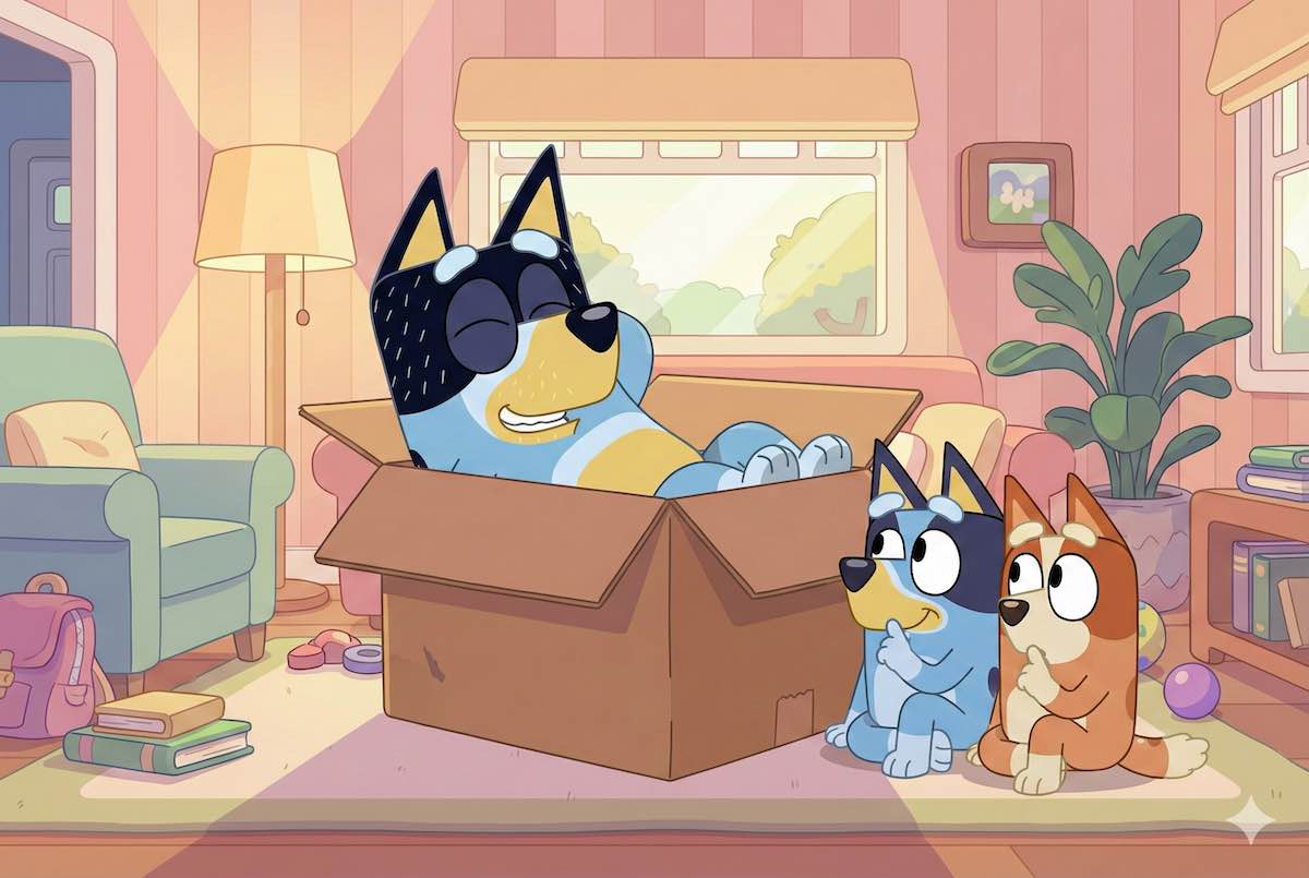 Ilustración vectorial estilo Bluey. Un perro padre descansando feliz dentro de una gran caja de cartón vacía mientras sus dos hijas vigilan en silencio cuidando su sueño.