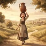 Una joven lechera con vestido de campesina lleva un cantaro de leche.