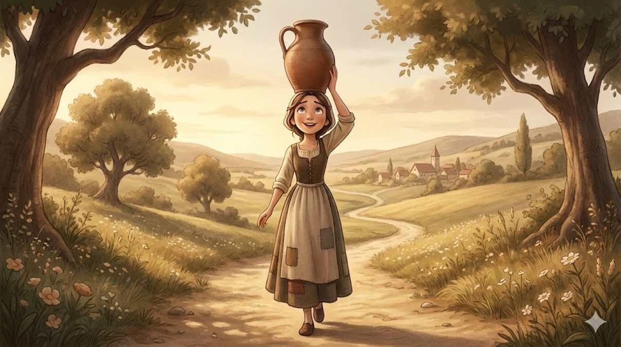 Una joven lechera con vestido de campesina lleva un cantaro de leche.