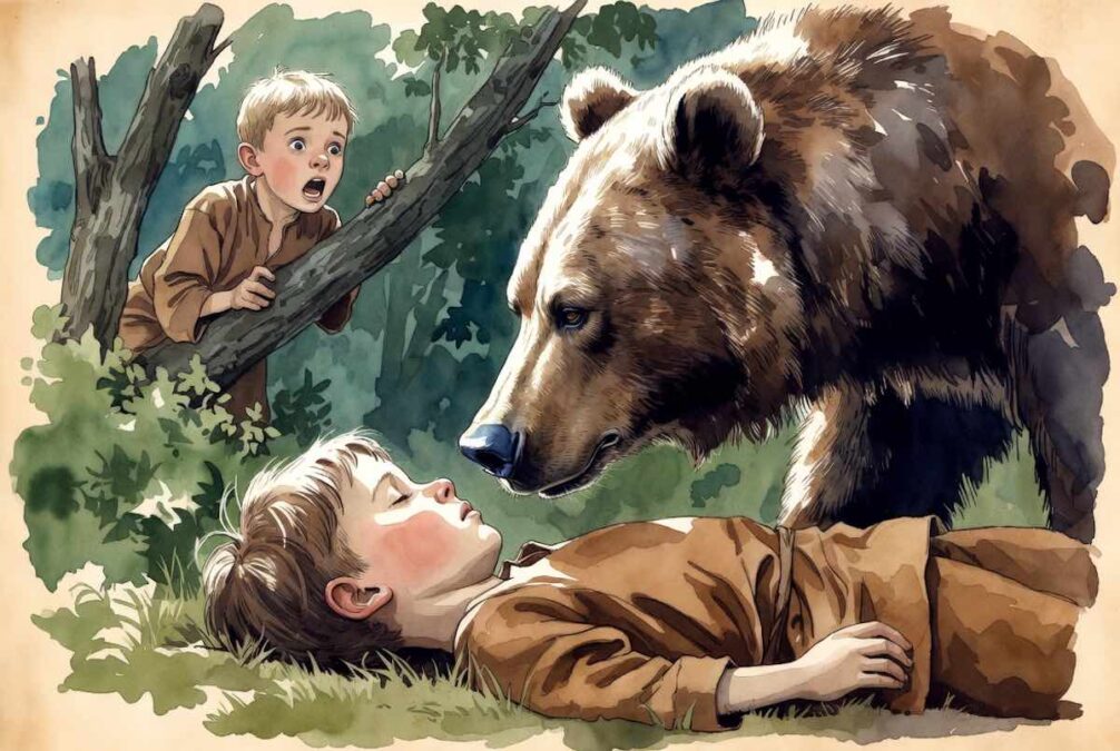 El oso olfateando al niño en el suelo mientras el otro amigo observa desde el árbol en el cuento Los Dos Amigos.