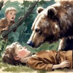 El oso olfateando al niño en el suelo mientras el otro amigo observa desde el árbol en el cuento Los Dos Amigos.