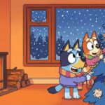 Ilustración vectorial estilo Bluey. Salón acogedor con chimenea y nieve en la ventana. Dos cachorras decoran un árbol con adornos caseros y llevan bufandas.