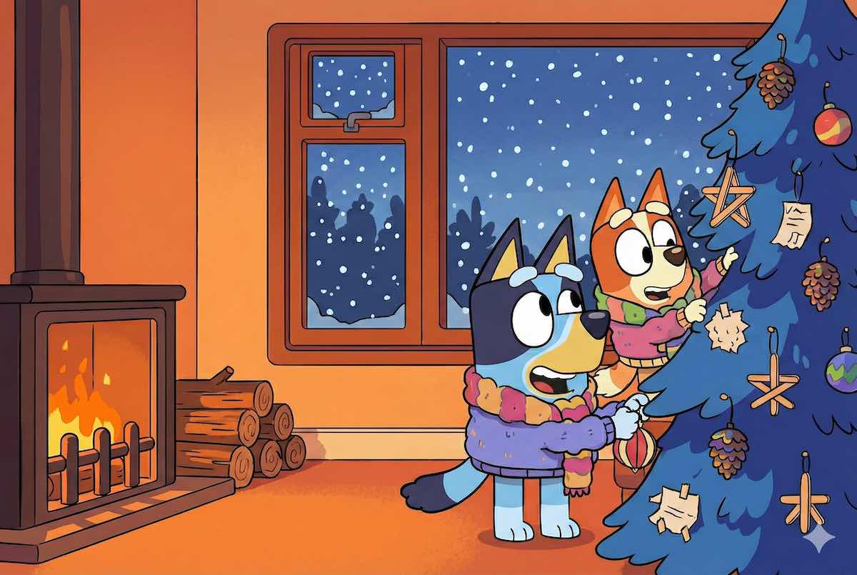 Ilustración vectorial estilo Bluey. Salón acogedor con chimenea y nieve en la ventana. Dos cachorras decoran un árbol con adornos caseros y llevan bufandas.