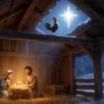 Ilustración 3D estilo Pixar del portal de Belén con un gallo cantando en el tejado anunciando el nacimiento de Jesús.
