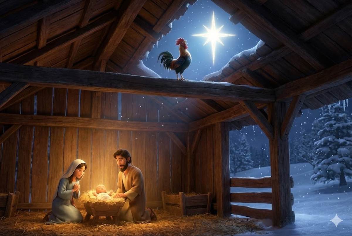 Ilustración 3D estilo Pixar del portal de Belén con un gallo cantando en el tejado anunciando el nacimiento de Jesús.