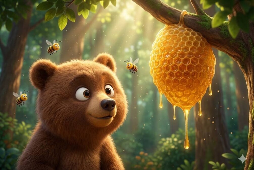 Osezno mirando un panal de miel en el bosque, ilustración 3D cuento infantil.