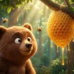 Osezno mirando un panal de miel en el bosque, ilustración 3D cuento infantil.