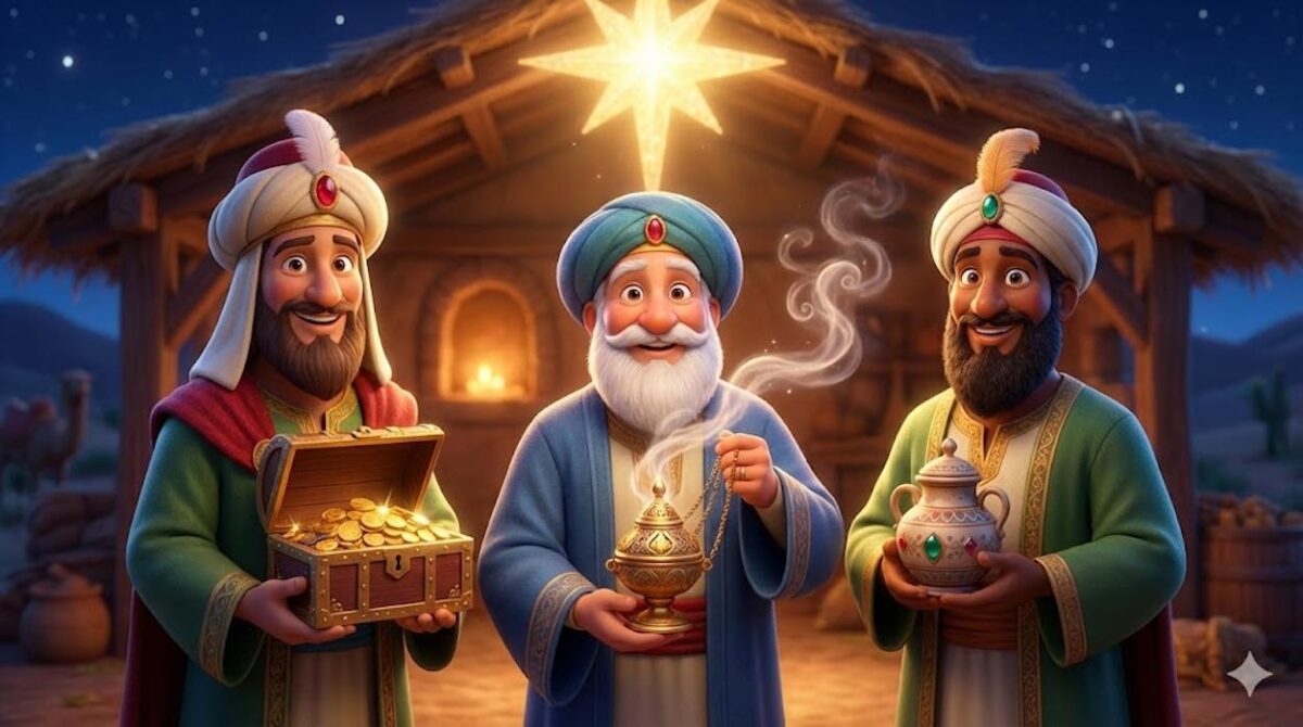 Ilustración estilo cuento clásico de los Tres Reyes Magos en camellos mirando una estrella brillante sobre Belén.