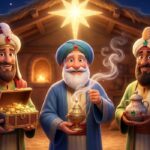 Ilustración estilo cuento clásico de los Tres Reyes Magos en camellos mirando una estrella brillante sobre Belén.