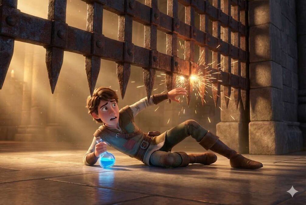 Ilustración del hermano menor deslizándose bajo un portón de hierro en un castillo mágico mientras sostiene el frasco brillante del Agua de la Vida.