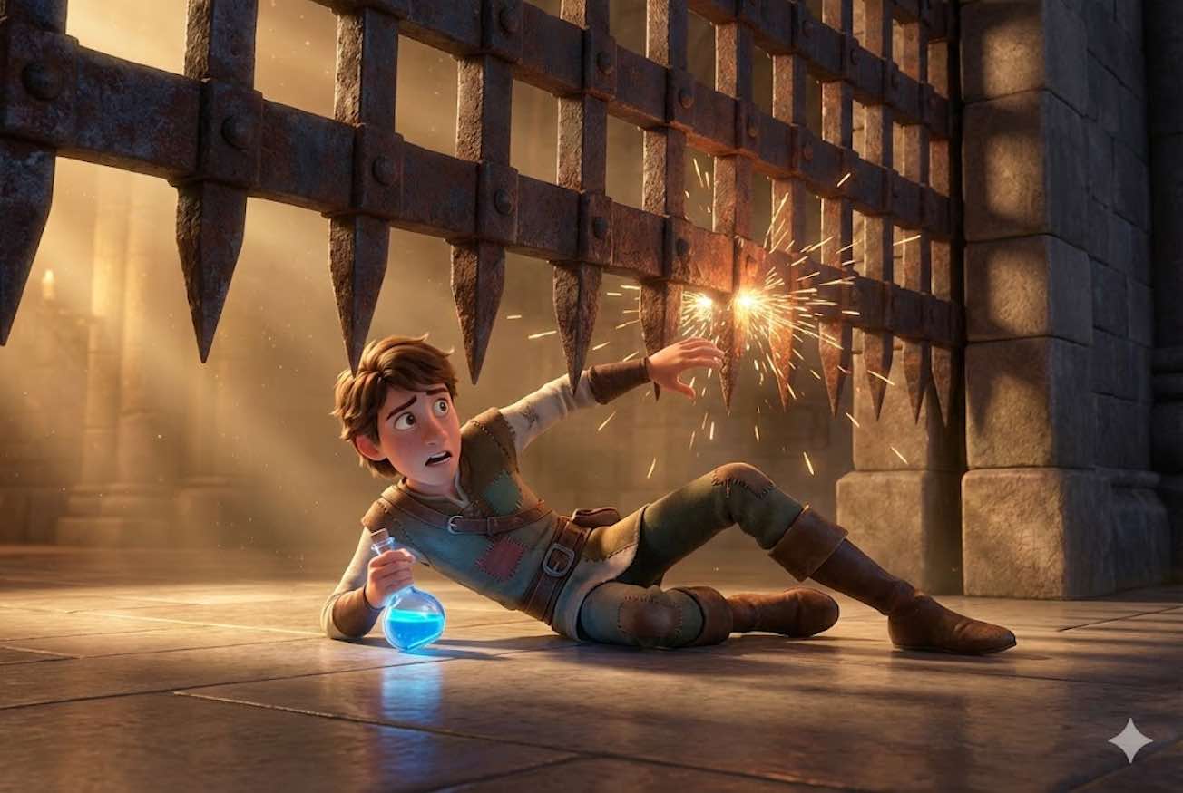 Ilustración del hermano menor deslizándose bajo un portón de hierro en un castillo mágico mientras sostiene el frasco brillante del Agua de la Vida.